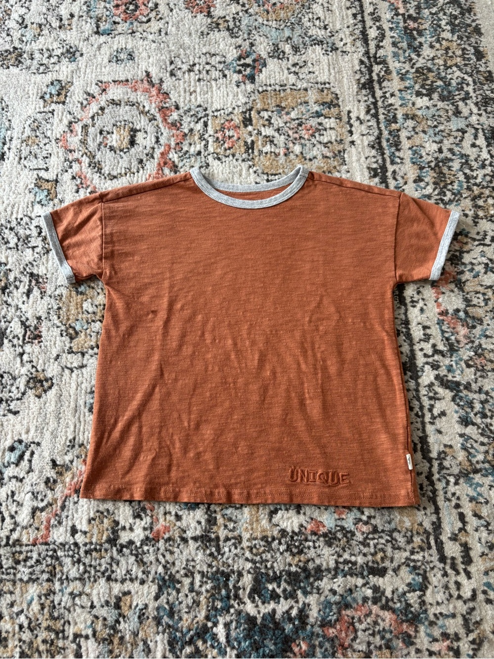 easy peasy cotton blend ringer tee with embroidered “unique” for toddler